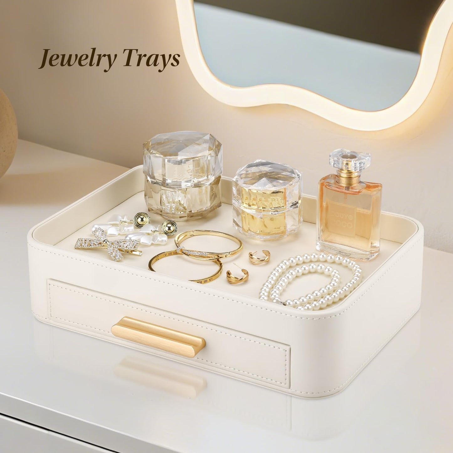 GORESE PU Leather Valet Tray with Drawer, Nightstand Organizer Catch All Tray for Jewelry Perfume Purse Trinket Key Holder, EDC Trays for Desk Vanity Entryway Table, Gift for Women Men, Cream White