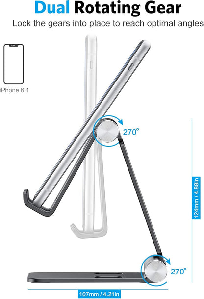 OMOTON Foldable Cell Phone Stand, C4 Portable Aluminum Phone Holder, Adjustable Phone Dock Cradle Compatible with iPhone 17/16/15 Pro Max Air, Samsung Galaxy, Small Tablets, All Smart Phones, Silver