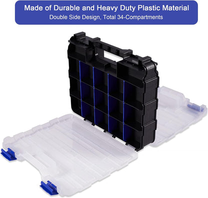 AIDY-PRO Small Parts Organizer Box Storage Case Tools Box Organizer Double Side 34 Compartments Hardware Organizers with Removable Plastic Dividers for Screws Nuts Nails Bolts, 2 Pack