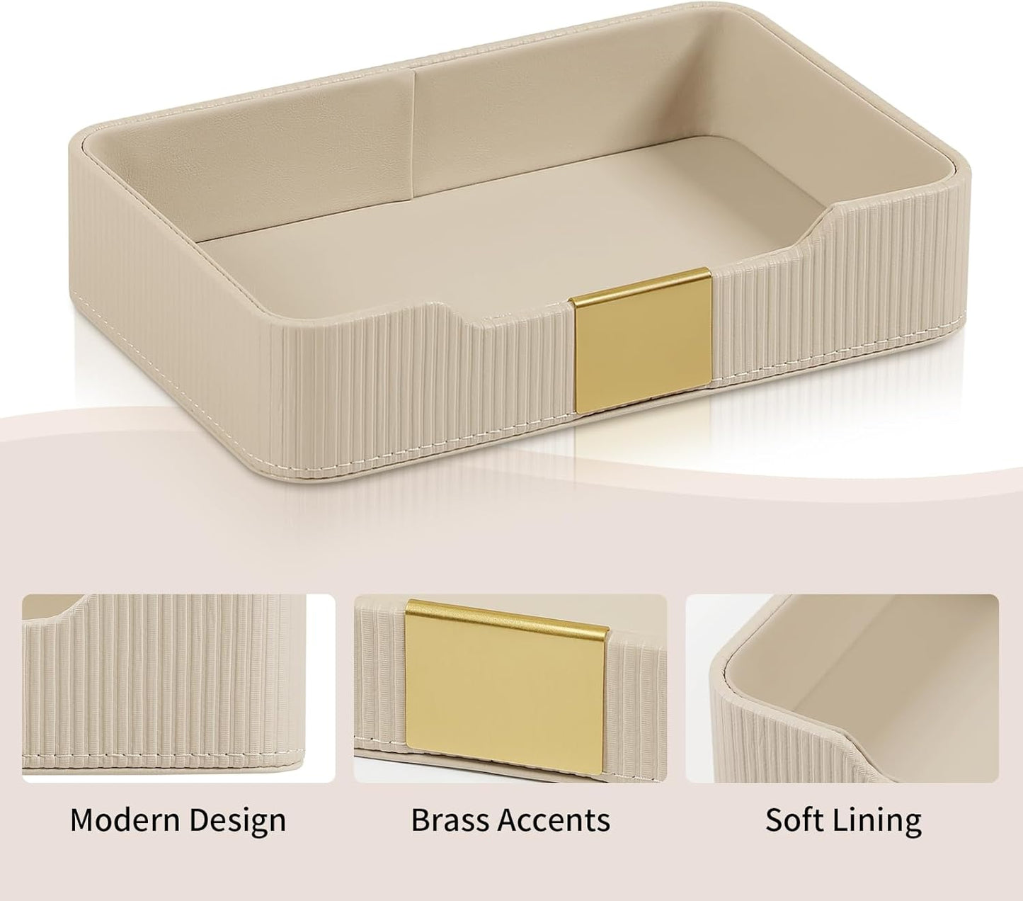 Valet Tray Desktop Storage Organizer, PU Leather Catchall Bedside Vanity Tray with Brass Accents Block Nightstand Organizer for Keys Watch Wallet Phone, Decorative Nightstand Storage (Green)