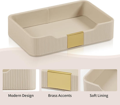 Valet Tray Desktop Storage Organizer, PU Leather Catchall Bedside Vanity Tray with Brass Accents Block Nightstand Organizer for Keys Watch Wallet Phone, Decorative Nightstand Storage (Green)