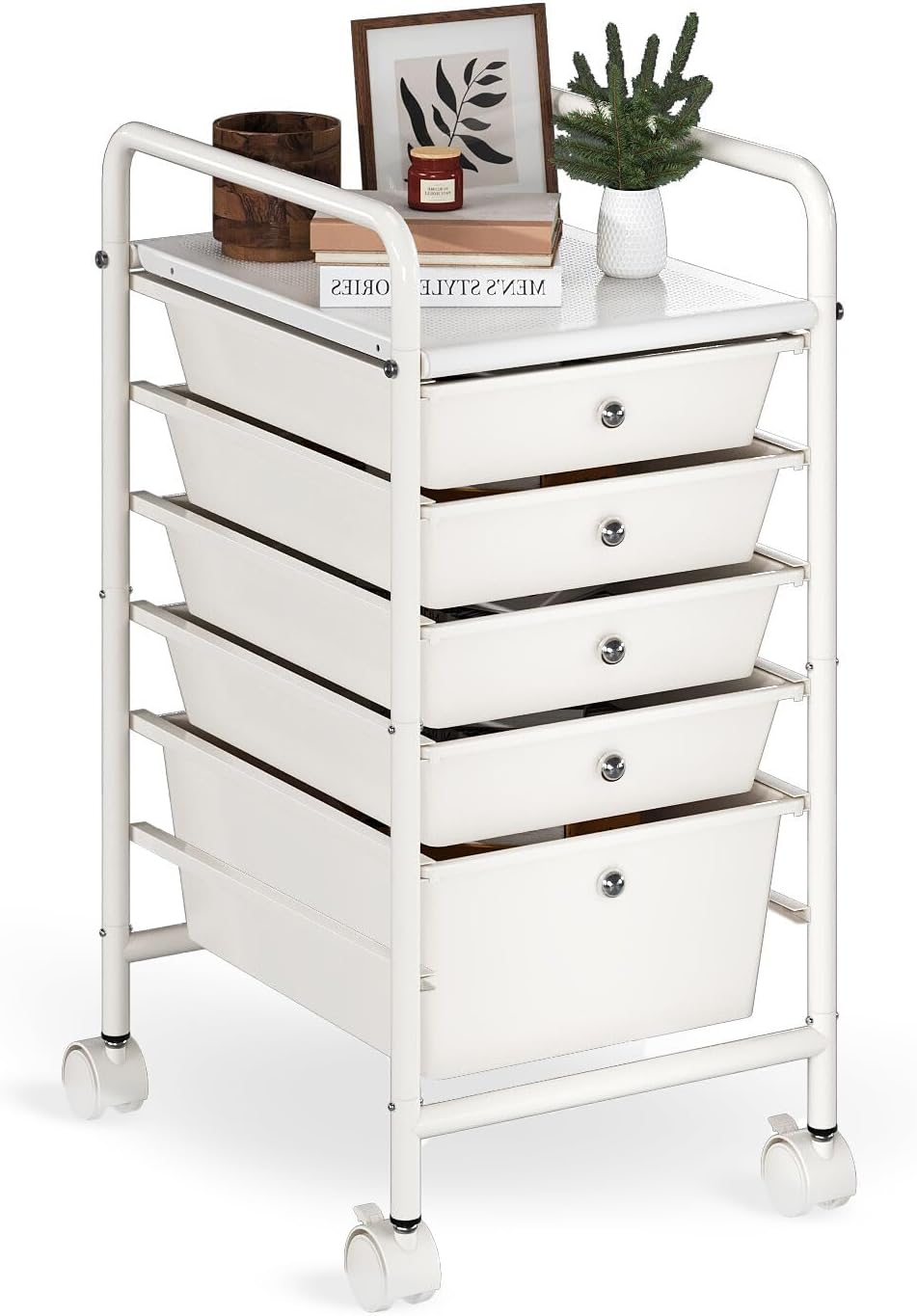 4-Tier Utility Cart with 4 Drawers, Rolling Utility Cart with 2 Lockable Caster Wheels, Multipurpose Mobile Rolling Drawer Cart for Office Bathroom Kitchen, Ivory White
