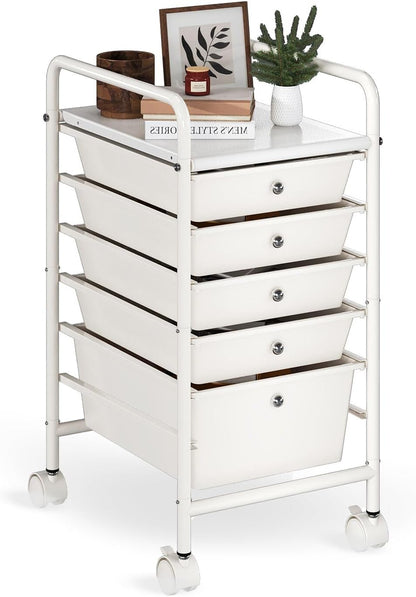 4-Tier Utility Cart with 4 Drawers, Rolling Utility Cart with 2 Lockable Caster Wheels, Multipurpose Mobile Rolling Drawer Cart for Office Bathroom Kitchen, Ivory White