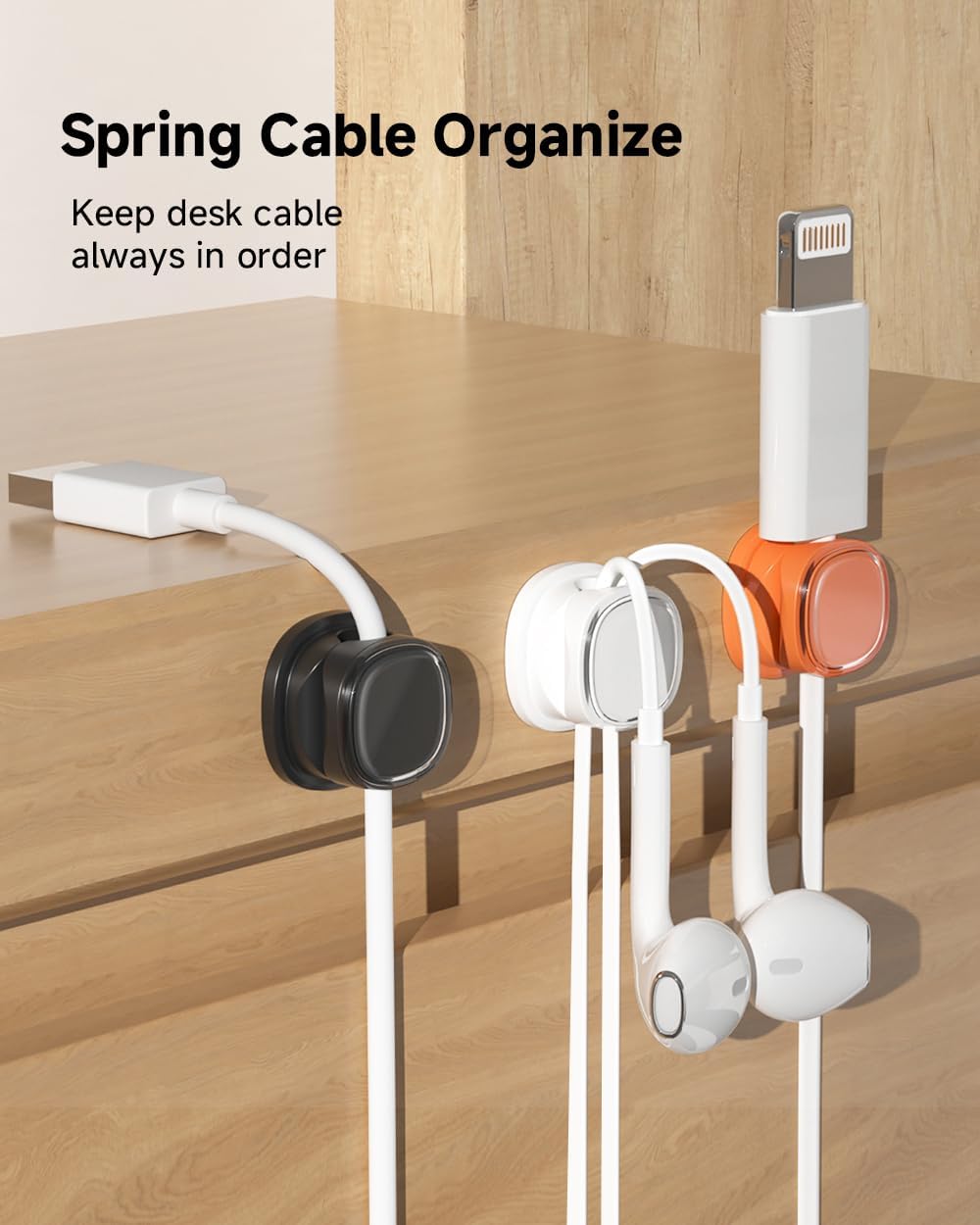 9 Pack Cord Organizer, Spring Cable Management, Adhesive Cute Cable Holder Clips, Phone Charger Wire Keeper for Desk Nightstand Car Office (9-Pack White_Orange_Blue)