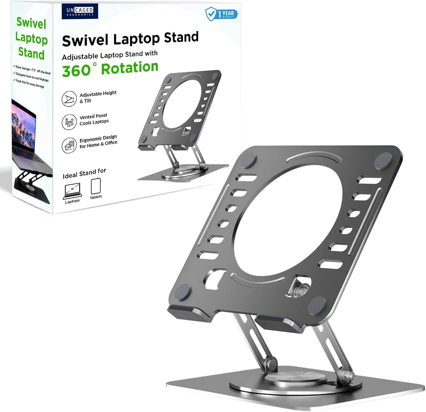 Uncaged Ergonomics Swivel Laptop Stand for Desk, Adjustable Computer iPad Stand for Desk w/ 360 Rotation, Portable Laptop Holder for Home Office Ergonomic Supplies (Black)