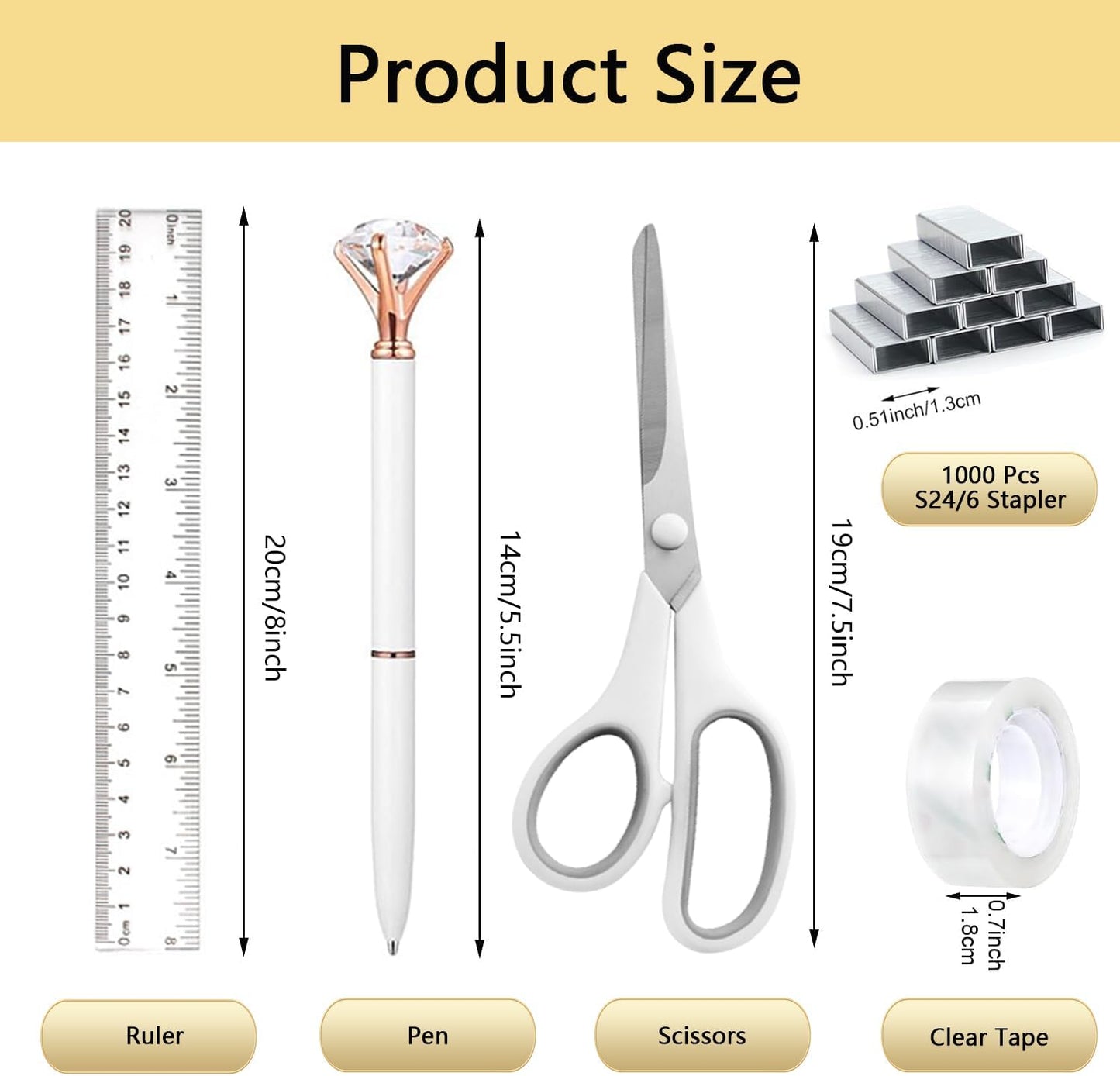suniya Office Supplies,Gold Desk Accessories,with Stapler,Tape Dispenser,Pen Holder,Scissors,Phone Stand,Staple Remover,Ballpoint Pen,Clear Tape, Staples,Ruler,Clips,Best Gift for Business or Boss