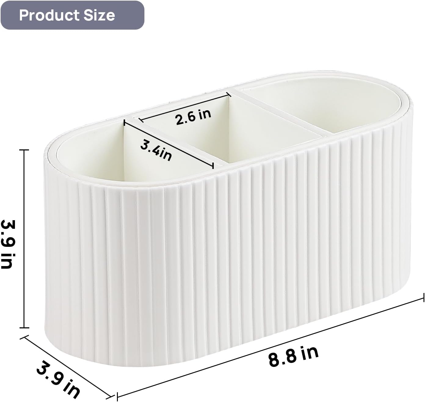 Oval Pen Holder for Desk, Remote Control Holder with 3 Compartments, PU Leather Small Desk Organizer Remote Caddy, Aesthetic Pencil Holder Desk Accessories for Home Office (Ivory)