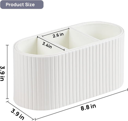 Oval Pen Holder for Desk, Remote Control Holder with 3 Compartments, PU Leather Small Desk Organizer Remote Caddy, Aesthetic Pencil Holder Desk Accessories for Home Office (Ivory)