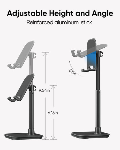 Cell Phone Stand, Adjustable Height Phone Stand for Desk, Eye Level Desktop Phone Holder Compatible with iPhone, Pro Max, Samsung, and All Mobile Phones up to 10''