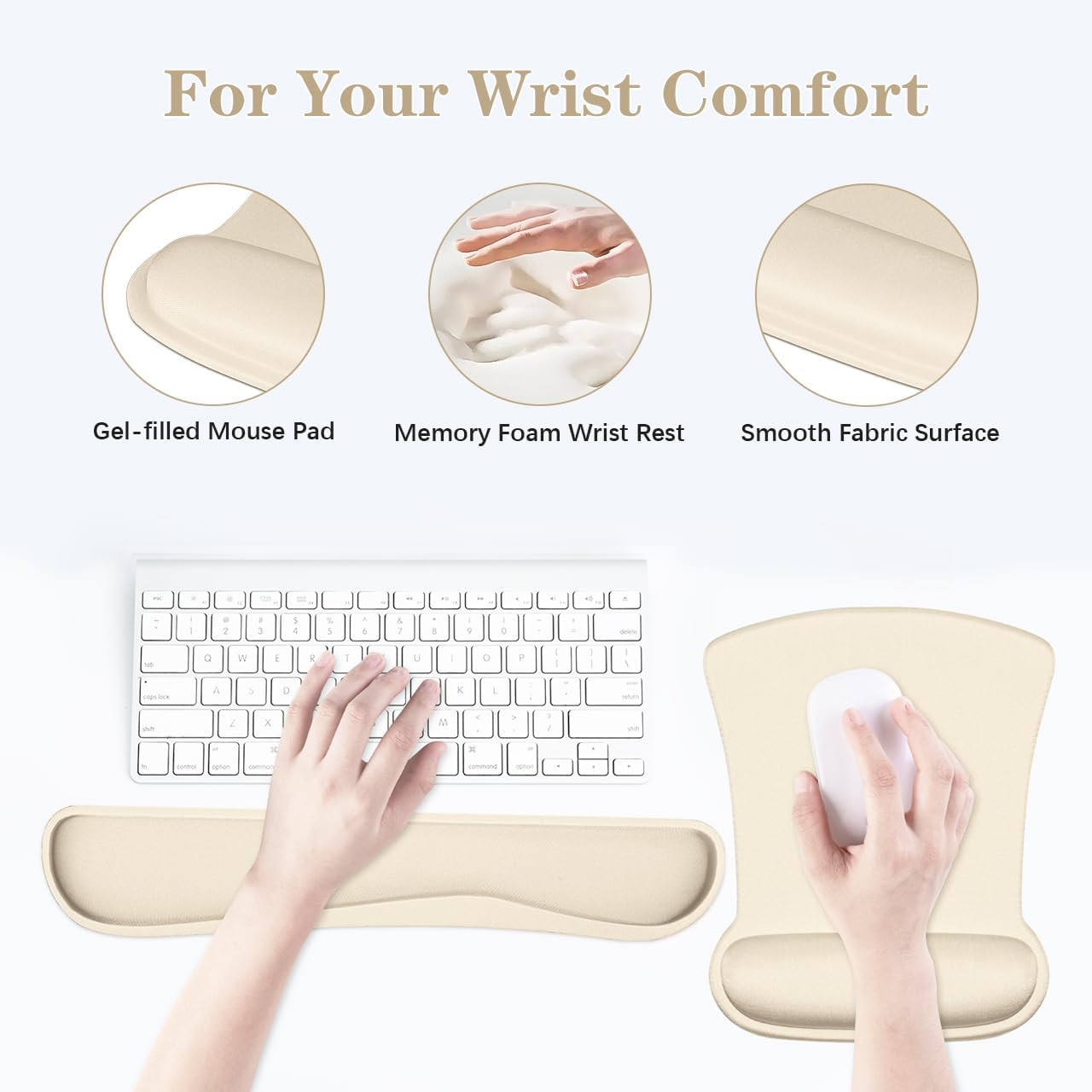 Ergonomic Wrist Rest Support for Mouse Pad and Keyboard Set, Comfortable Memory Foam Keyboard Pad and Soft Gel Mouse Pad, Easy Typing and Pain Relief for Gaming, Office, Laptop, Apricot