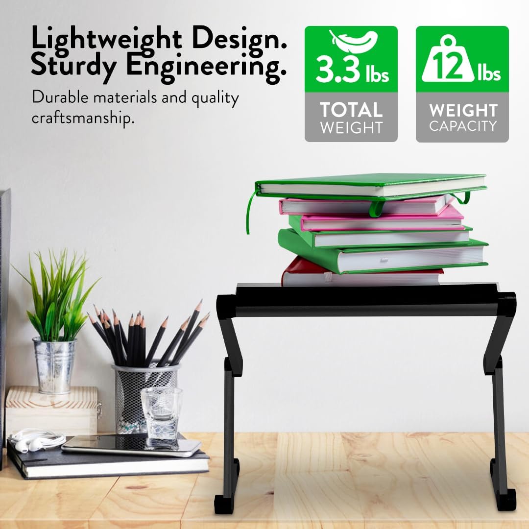 WorkEZ Executive Adjustable Ergonomic Laptop Cooling Stand & Lap Desk for Bed Couch folding aluminum desktop computer riser tray height tilt angle portable macbook cooling reading monitor,Black