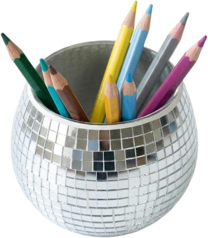 Glass Disco Ball Pen Holder with Smooth Grouting - Premium Mirror Mosaic Pencil Cup for Desk, Cute Makeup Brush Holder, Aesthetic Room Decor Gift (Iridiscente)