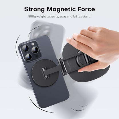 OMOTON 360°Rotating MS04 Magnetic Phone Stand for Desk, Adjustable Foldable Aluminum for MagSafe Cell Phone Stand Holder with Non-Slip Base, for iPhone 17/16/15/14 Pro Max Air, Black