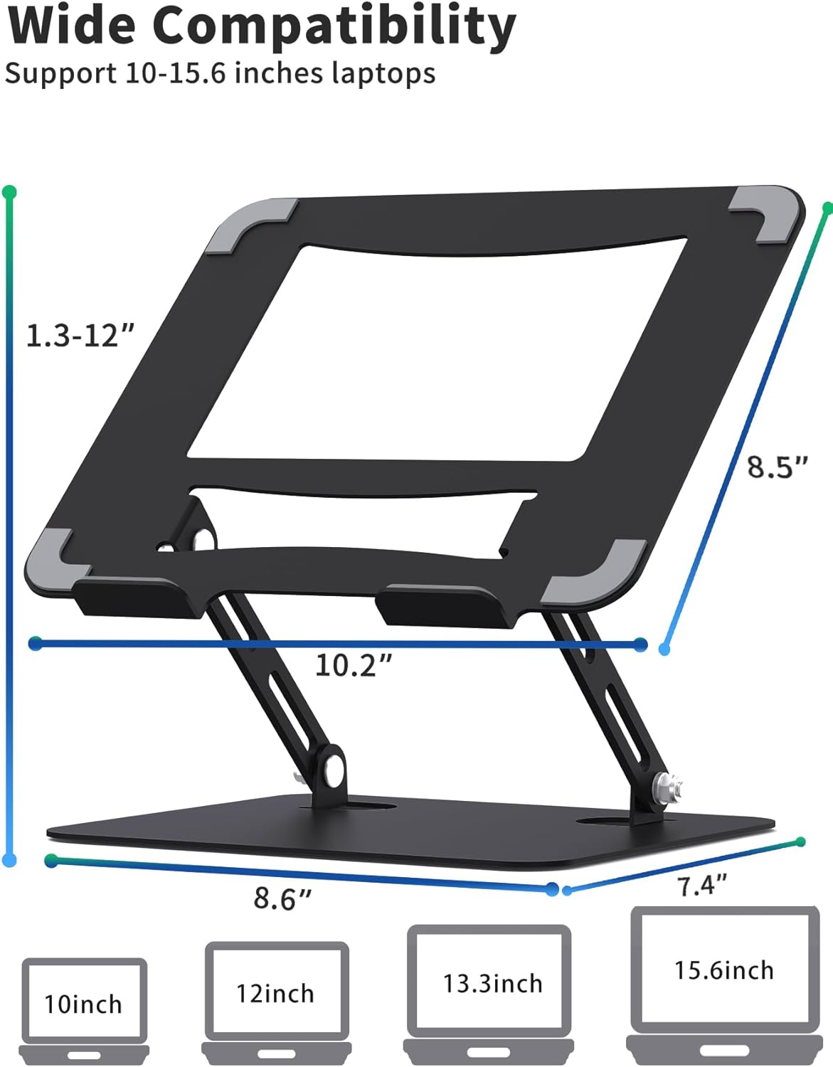 SOUNDANCE Laptop Stand for Desk with Stable Heavy Base, Adjustable Height Multi-Angle, Ergonomic Metal Riser Holder, Foldable Mount Elevator, Compatible with 10 to 15.6 Inches PC Computer, Silver