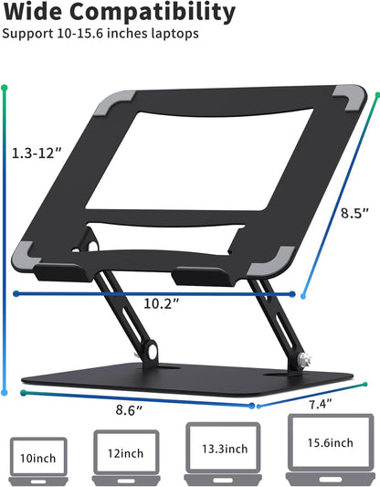 SOUNDANCE Laptop Stand for Desk with Stable Heavy Base, Adjustable Height Multi-Angle, Ergonomic Metal Riser Holder, Foldable Mount Elevator, Compatible with 10 to 15.6 Inches PC Computer, Silver
