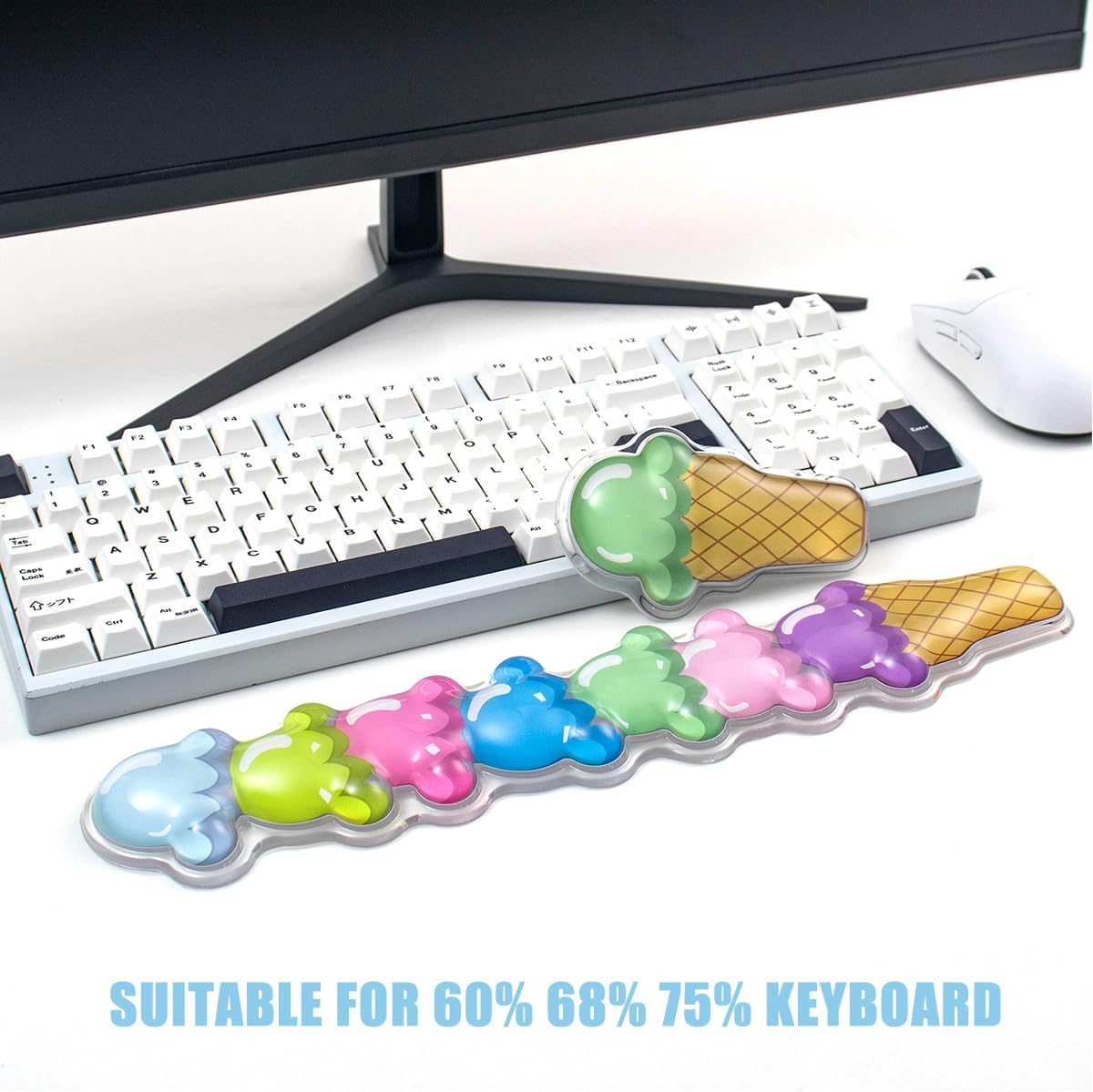 Gel Keyboard and Mouse Wrist Rest Set – Cute Wrist Rest for Computer Keyboard 60%/68%/75%, Comfort & Support for Typing and Gaming（Ice Cream