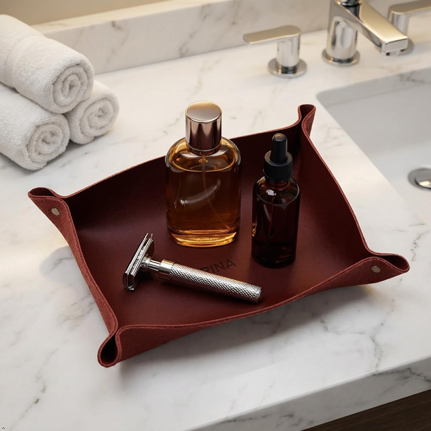 Northwind Personalized Leather Valet Tray – Made in USA - Custom Monogramed Full Grain Leather Catchall Tray for Men, Desk Organizer & Groomsmen Gift, Perfect Storage for Nightstand, Dresser