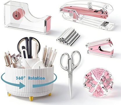 Gawsey Gold Desk Organizers and Accessories Set with 360-Degree Rotating Pen Holder, Acrylic Stapler, Tape Holder, Staple Remover, Binder/Paper Clips Kit, Scissor and 1 Box of Staples