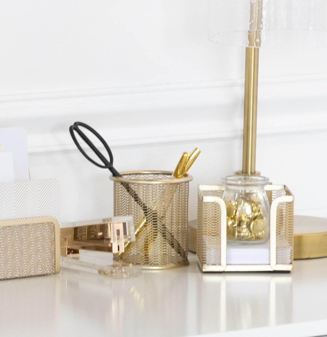 BLU MONACO | Gold Metal Mesh Pen Holder for Desk | Cute Pen Holder for Desk for Women | Wire Mesh Desk Organizer Pencil Cup for Office Workspace