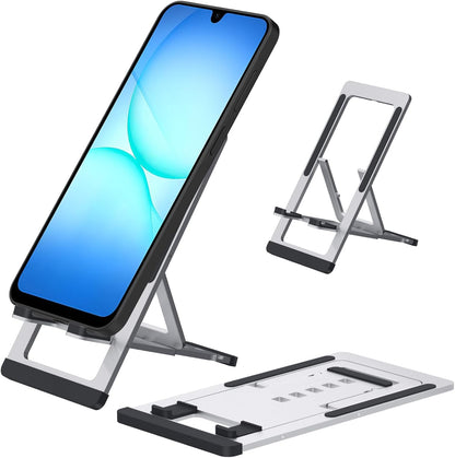 Cell Phone Stand,Aluminum Foldable Phone Holder for Desk,Adjustable Phone Kickstands Travel Essentials for iPhone 17 16 15 14 13 12 11 Pro Max Plus Samsung S25 S24 S23 Ultra Plus-Silver