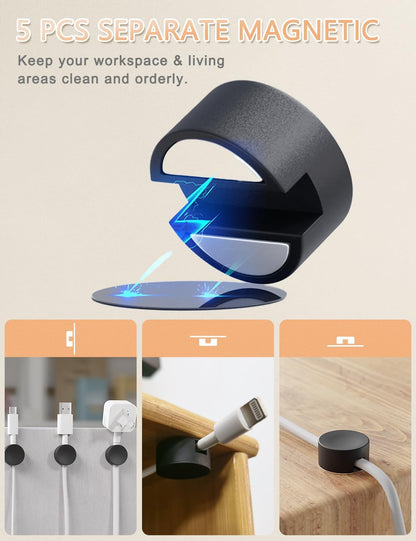 5-Pack Magnetic Cable Organizer Adhesive Cable Clips for Kitchen Nightstand Desk Table Metal Wall Steel, 5 Cord Clips + 5 Magnet Disc Base, White