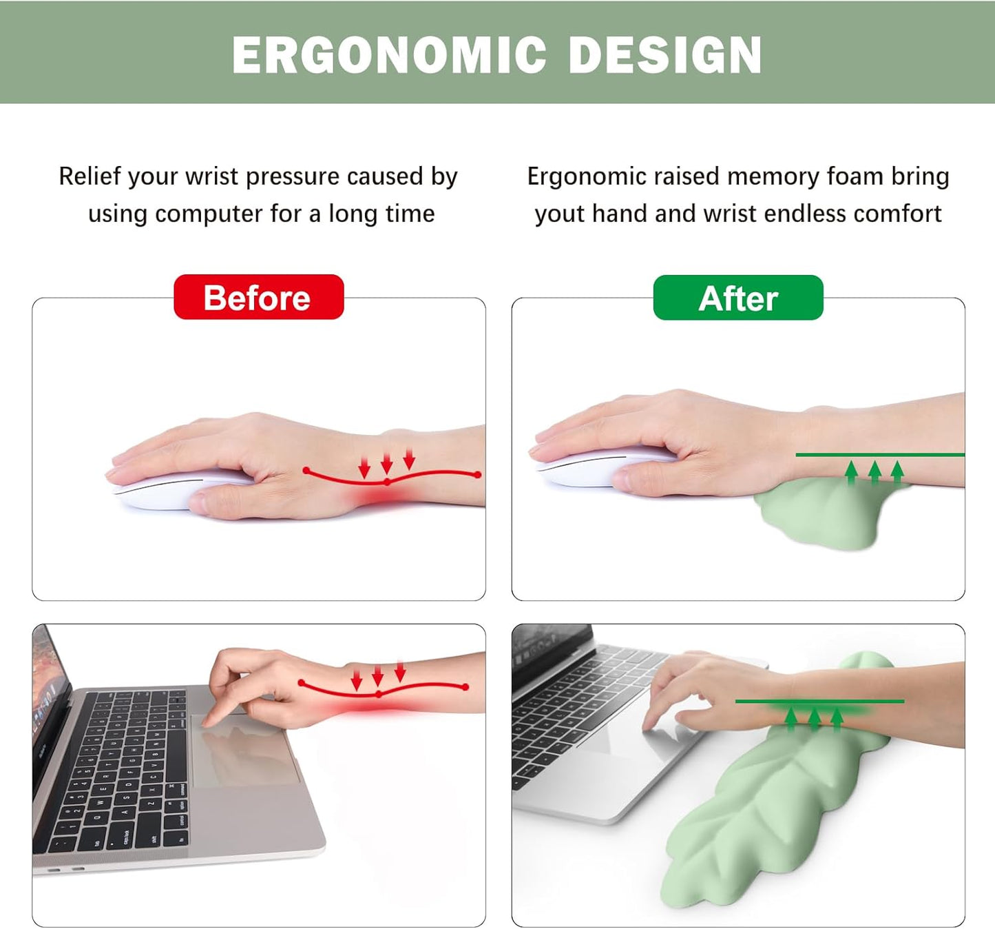 Keyboard Wrist Rest Pad Set, Leaf Shape PU Leather Memory Foam Wrist Cushion Support,Mouse Wrist Rest Pad,Non-Slip Wrist Support for Easy Typing Pain Relief, Green Leaf
