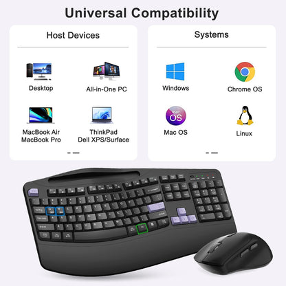 Wireless Keyboard and Mouse Combo, 2.4G Full Size Wave Keys Ergonomic Keyboard with Wrist Rest, Phone Holder, 3-Level DPI Wireless Silent Mouse with 6-Buttons, for Windows, Mac OS, Laptop, PC (Black)