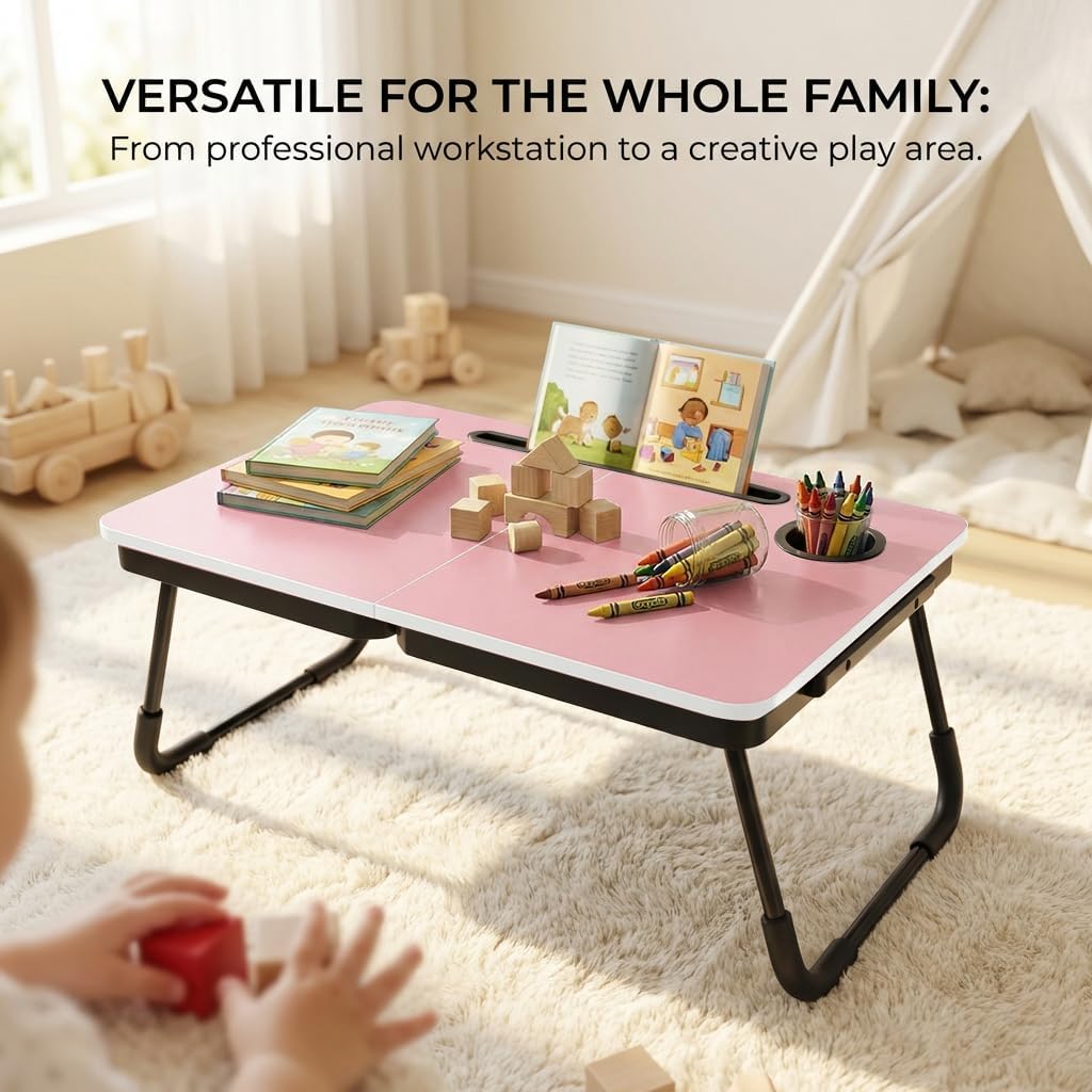 BUYIFY Foldable Laptop Bed Desk for Couch, Sofa - Large Lap Desk Tray Table with Cup Holder and Tablet Slot - Portable Notebook Stand for Eating, Writing, Studying and WFH -NEW-006