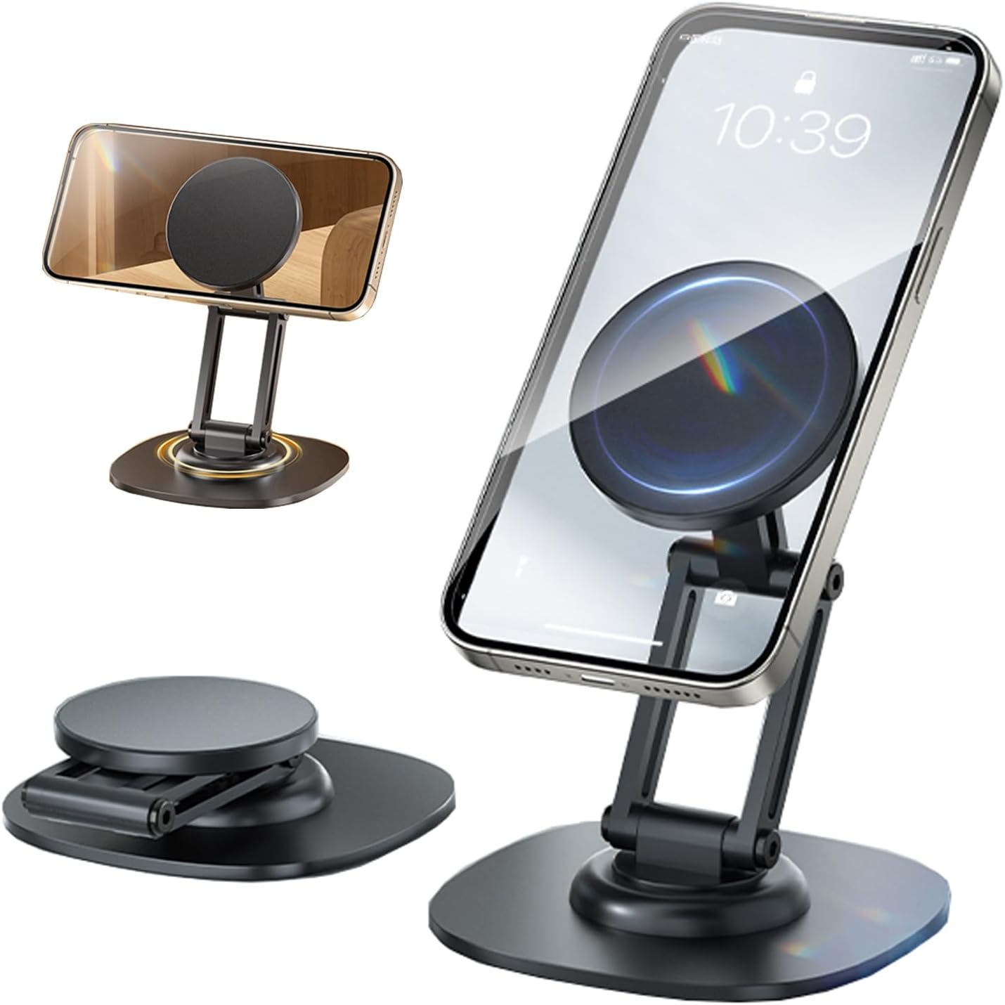 Magnetic Phone Stand for Desk 360 Rotating Adjustable Foldable Aluminum for MagSafe Cell Phone Stand Holder with Non-Slip Base Desk Stand for iPhone 17 16 Pro Max/15/14/13/12 Plus Air (White)