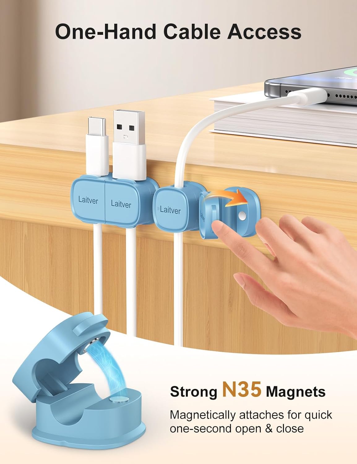 6 Pack Magnetic Cable Clips [1s Open/Lock], Laitver Cord Organizer Holder Strong Adhesive Desk Cable Management- Organize Charging Cords Neatly for Home, Office, Car,Desk, Nightstand