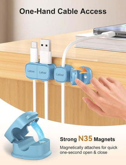 6 Pack Magnetic Cable Clips [1s Open/Lock], Laitver Cord Organizer Holder Strong Adhesive Desk Cable Management- Organize Charging Cords Neatly for Home, Office, Car,Desk, Nightstand