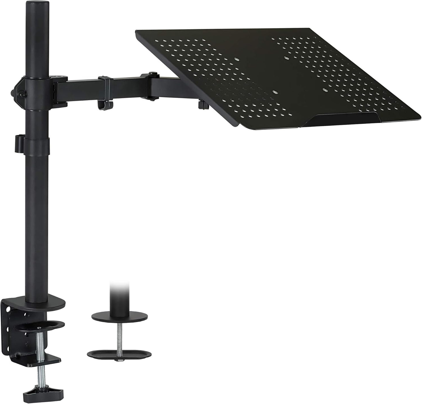 Mount-It! Laptop Desk Mount with Pole, Height Adjustable Laptop Stand Mount for Desk with Vented Tray, Full Motion Laptop Arm for 11–17 Inch Laptops, 22 lb Capacity, Clamp or Grommet Base