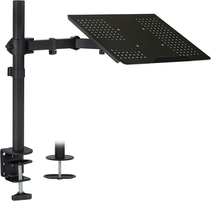 Mount-It! Laptop Desk Mount with Pole, Height Adjustable Laptop Stand Mount for Desk with Vented Tray, Full Motion Laptop Arm for 11–17 Inch Laptops, 22 lb Capacity, Clamp or Grommet Base