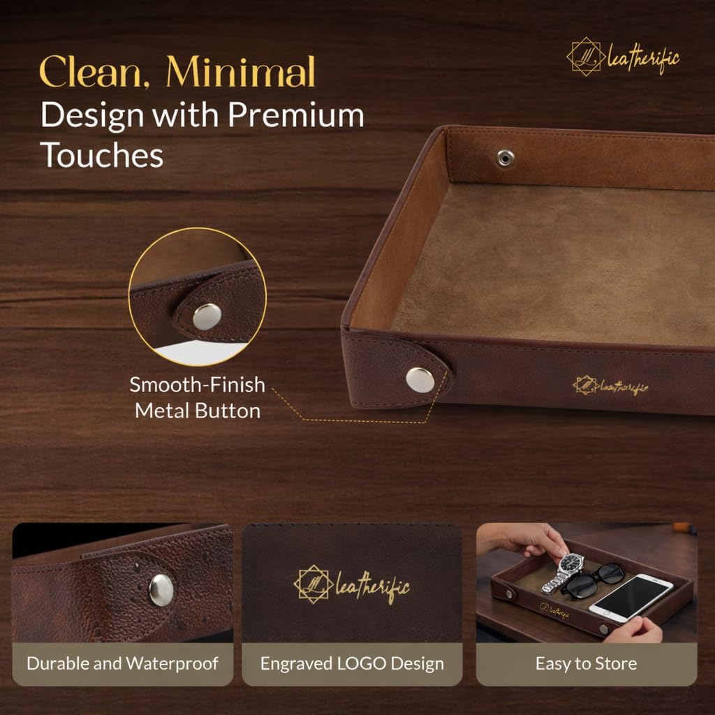 Luxe Genuine Leather Valet Chronicle Tray | Premium Handmade Multipurpose Catchall Tray, Coin Watch Key Trinket Dish for Home Office Desk, Nightstand Entryway (Russet, 11 x 9 x 1.5)