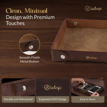 Luxe Genuine Leather Valet Chronicle Tray | Premium Handmade Multipurpose Catchall Tray, Coin Watch Key Trinket Dish for Home Office Desk, Nightstand Entryway (Russet, 11 x 9 x 1.5)