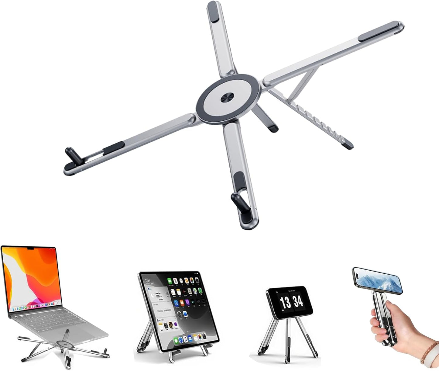 Laptop Stand for Desk, Adjustable Aluminum Alloy Magnetic Foldable Phone Stand, 8 Level Height Adjustable Laptop Stand, 3 in 1 Computer Riser for Phone, Tablet and Laptop