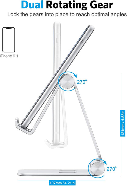 OMOTON Foldable Cell Phone Stand, C4 Portable Aluminum Phone Holder, Adjustable Phone Dock Cradle Compatible with iPhone 17/16/15 Pro Max Air, Samsung Galaxy, Small Tablets, All Smart Phones, Silver