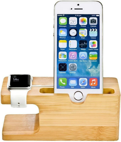 MOOZO Bamboo Wood Desktop Charging Dock Station Charger Holder Cradle Stand Compatible iPhone 16 15 14 13 12 11 Pro Max Apple Watch 2 3 4 / iWatch Samsung Galaxy S8 S7 S6 Edge Plus LG HTC Smartphones