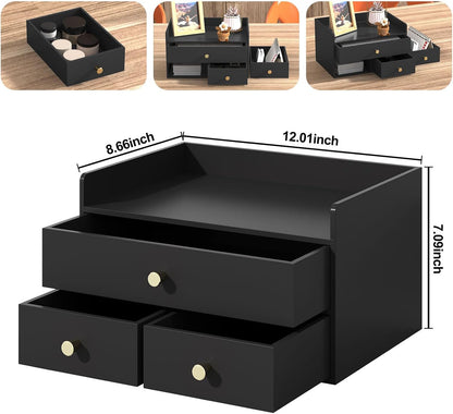 Bamboo Desk Organizer with Drawers Wooden Desktop Storage Organization Box for Bills Office Supplies Kitchen Utensils Organizing Tool for Home Classroom Vanity, No Assembly Required (3 Drawers, Black)