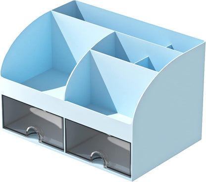COMFYROOM Desk Organizer with 6 Compartments and 2 Drawers, Plastic Makeup Organizer, Pen Holder for Desktop Storage, Desk Organization for School, Home, Office Supplies (White)