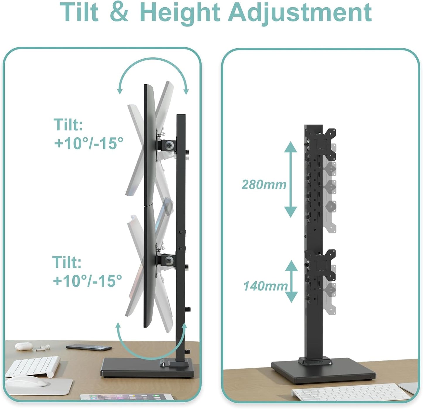 Suptek Single LCD Computer Monitor Free-Standing Desk Stand Mount Riser for 13 Inch to 43 Inch Screen with Swivel, Height Adjustable, Rotation, 50, 75, 100mm VESA Base Stand, Black