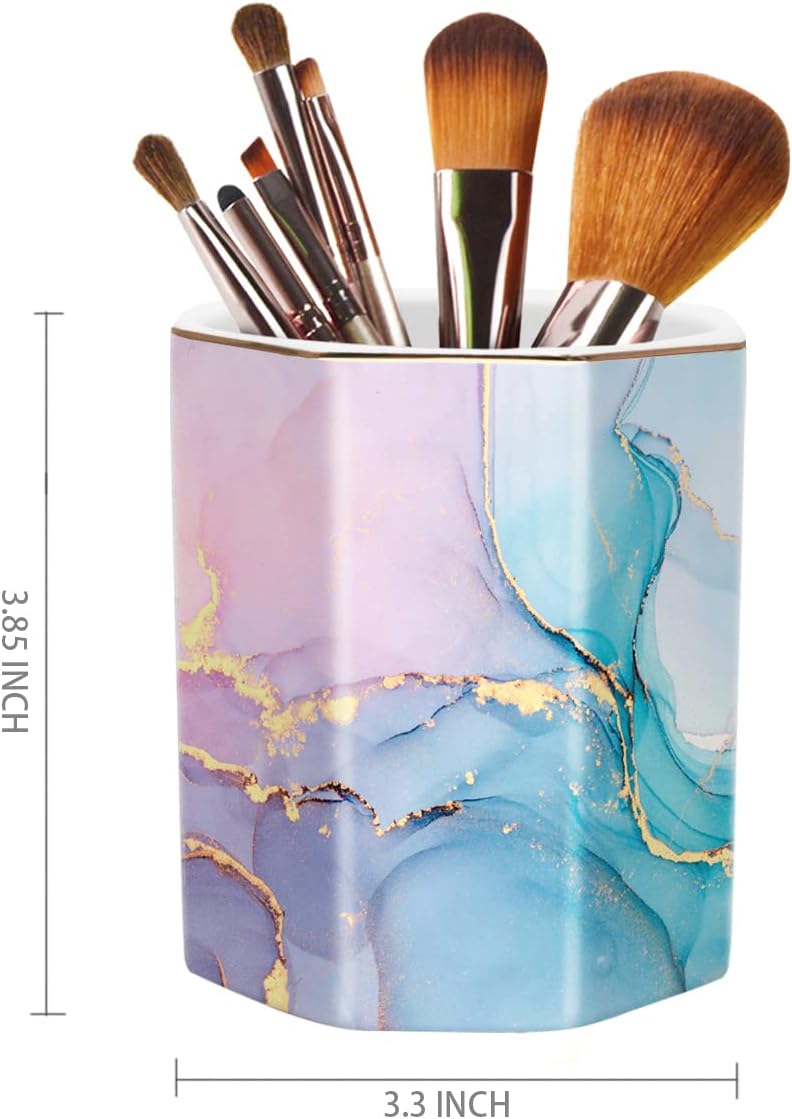 WAVEYU Ceramic Pen Holder for Desk Cute, Pencil Cup Pot Desk Organizer, Makeup Brush Holder for Women, Men, Kids, Desk Marble Decor for Office, Classroom, Home, Gray Golden