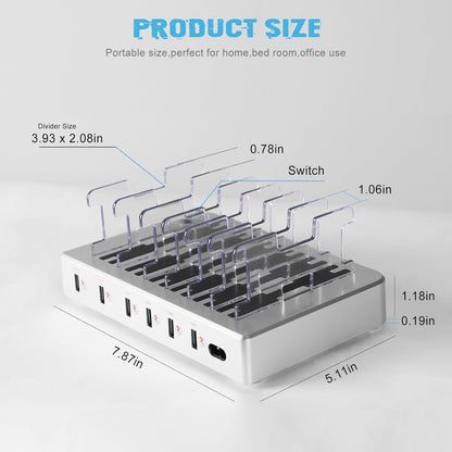 Charging Station for Multiple Devices, 6-Port USB Fast Charger with 6 Mixed Cables, Multi-Device Charging Dock for iPhone, iPad, Android Phones, Tablets, Kindle (Silver, Desktop & Wall Mount)