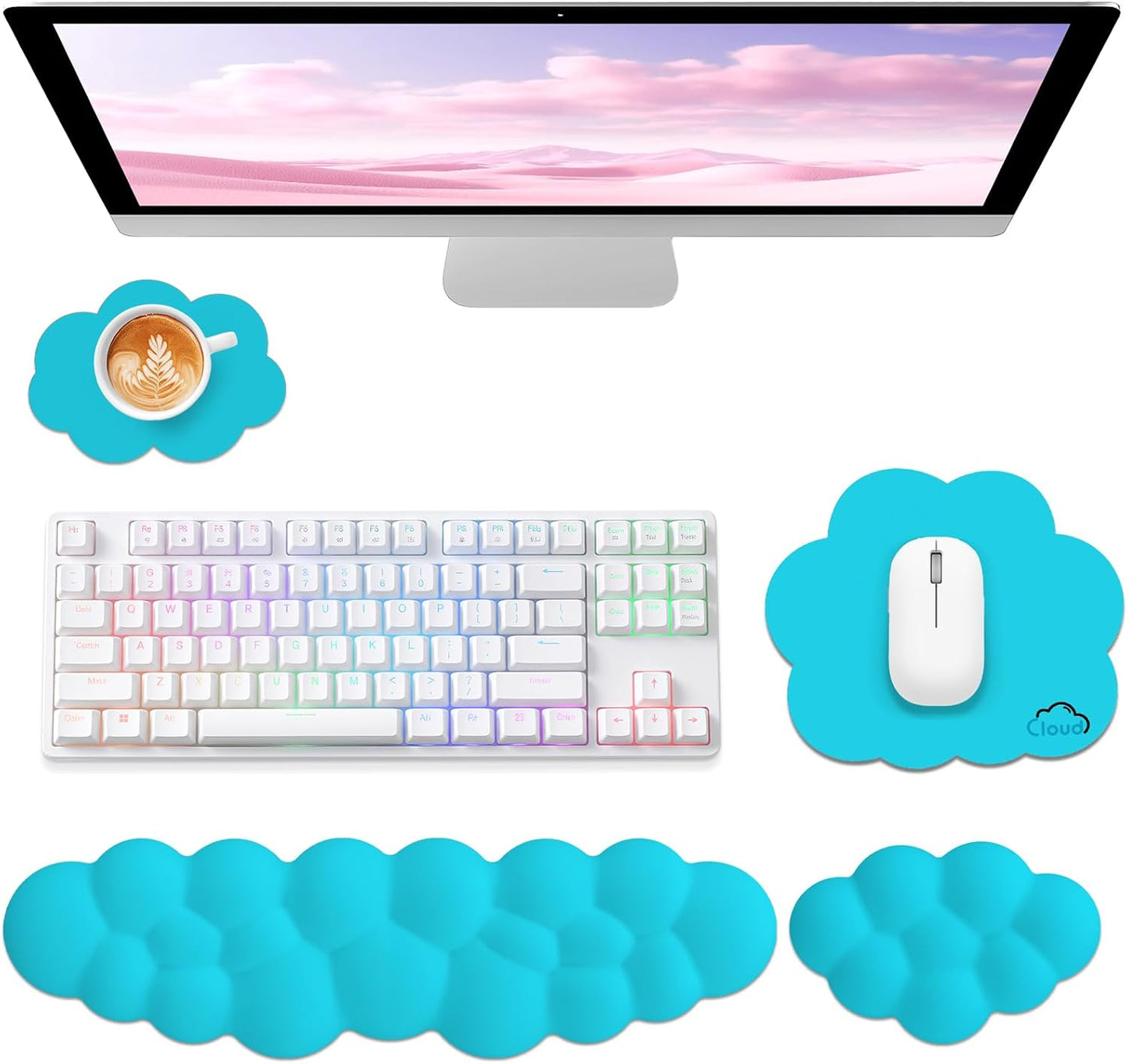 Sushret Cloud Wrist Rest for Computer Keyboard, 4-in-1 Memory Foam Leather Cloud Keyboard Wrist Rest and Mouse Pad Set with Ergonomic Support for Arm and Palm Cushion, Gaming/Work Setup, Rainbow