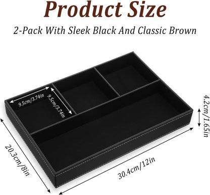 2 Pack Leather Valet Tray for Men - Premium PU Leather Desk & Nightstand Organizer, Stackable Storage Tray for Keys, Wallet, Watch, Phone, Jewelry in Black & Brown
