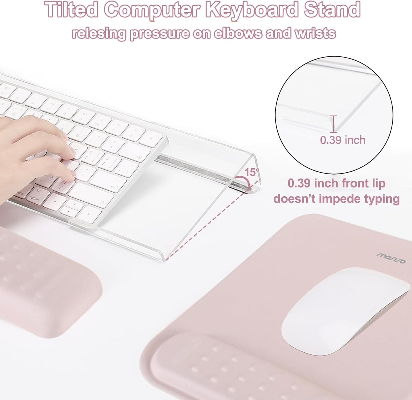 MOSISO Computer Keyboard Stand&Wrist Rest Support for Keyboard &Mouse Pad Set, Ergonomic Massage Wrist Rest Set, Easy Typing Working Acrylic Clear Stand for Office Home, Apricot