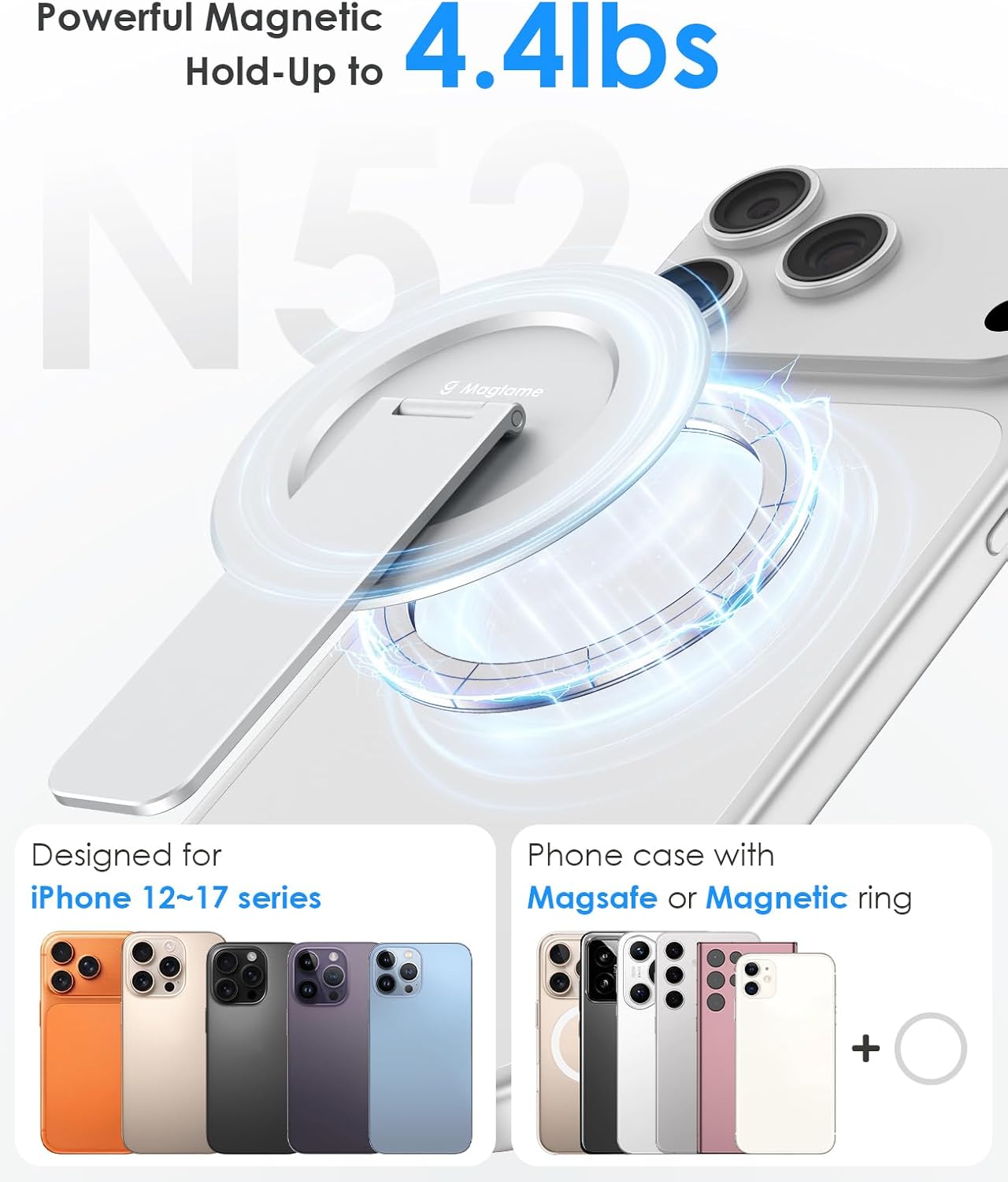Magtame Double-Sided Magnetic Phone Stand Grip, Strong Magnetic Kickstand Desk Holder for Mag&Safe and Smartphone, Foldable Adjustable Design, Silver