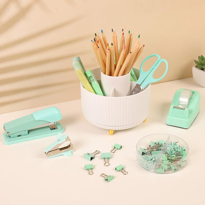 SKYDUE Pink Desk Accessories 10Pcs, Rotating Pen Holder for Desk, Stapler, Staple Remover, Tape Dispenser,2pcs Tape Refills, Binder Paper Clips Kit, Scissor,Pink Office School Supplies