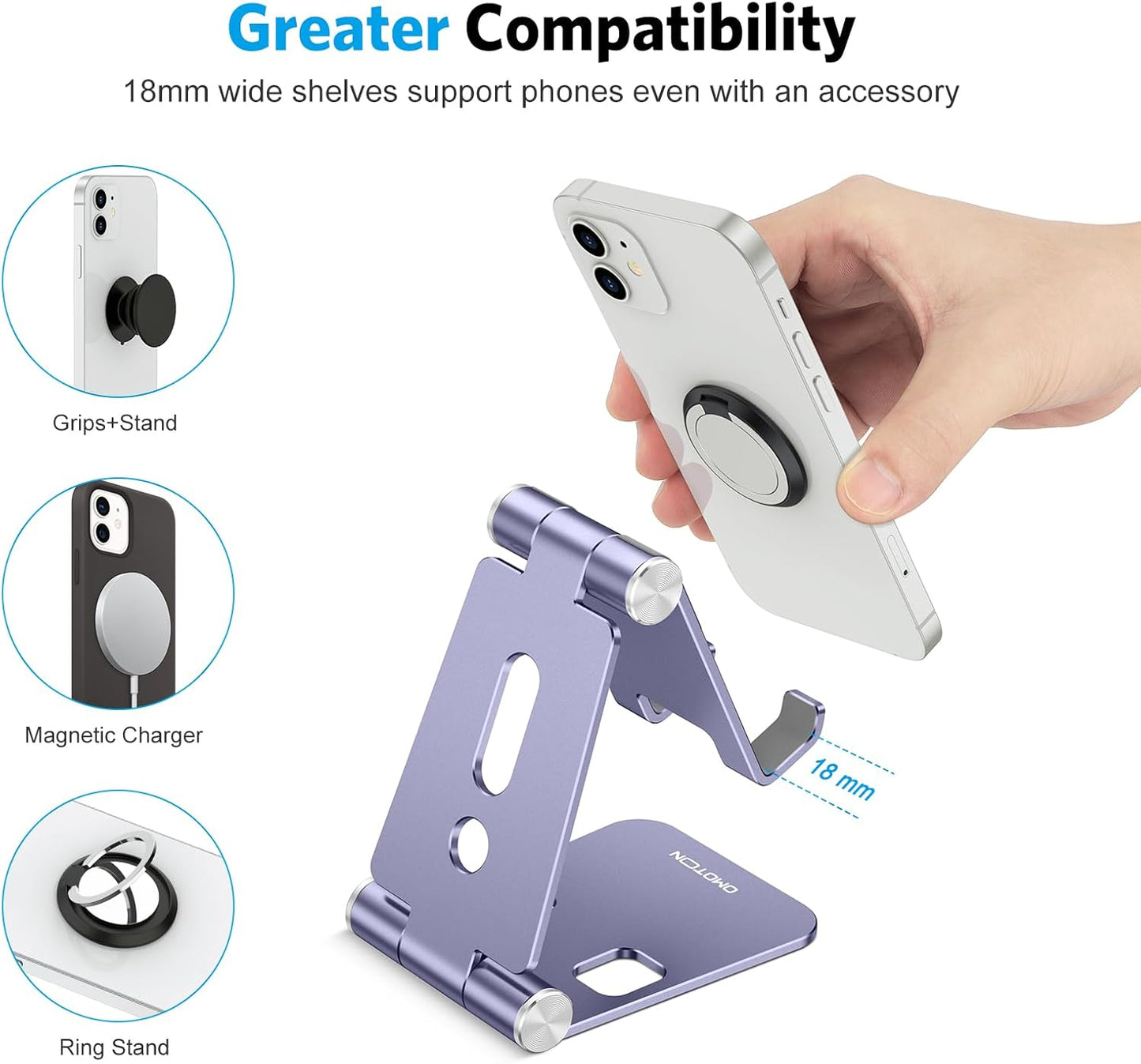 OMOTON Foldable Cell Phone Stand, C4 Portable Aluminum Phone Holder, Adjustable Phone Dock Cradle Compatible with iPhone 17/16/15 Pro Max Air, Samsung Galaxy, Small Tablets, All Smart Phones, Silver