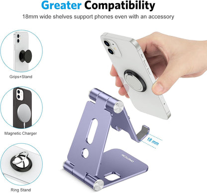 OMOTON Foldable Cell Phone Stand, C4 Portable Aluminum Phone Holder, Adjustable Phone Dock Cradle Compatible with iPhone 17/16/15 Pro Max Air, Samsung Galaxy, Small Tablets, All Smart Phones, Silver